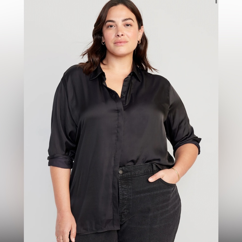 Old Navy Loose Satin Shirt in Black | Plus Size Blouse | Black Satin Blouse